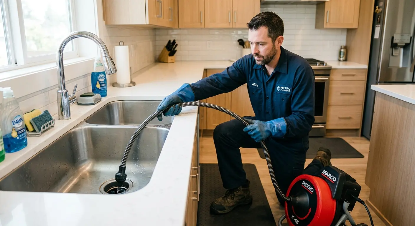 Drain cleaning technician using a motorized snake on a kitchen sink in Ashton-Sandy Spring