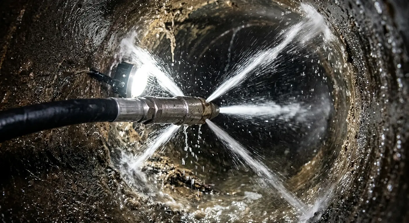 High-pressure hydro jetting nozzle cleaning sewer pipe for Emergency Drain Service in Ashton-Sandy Spring