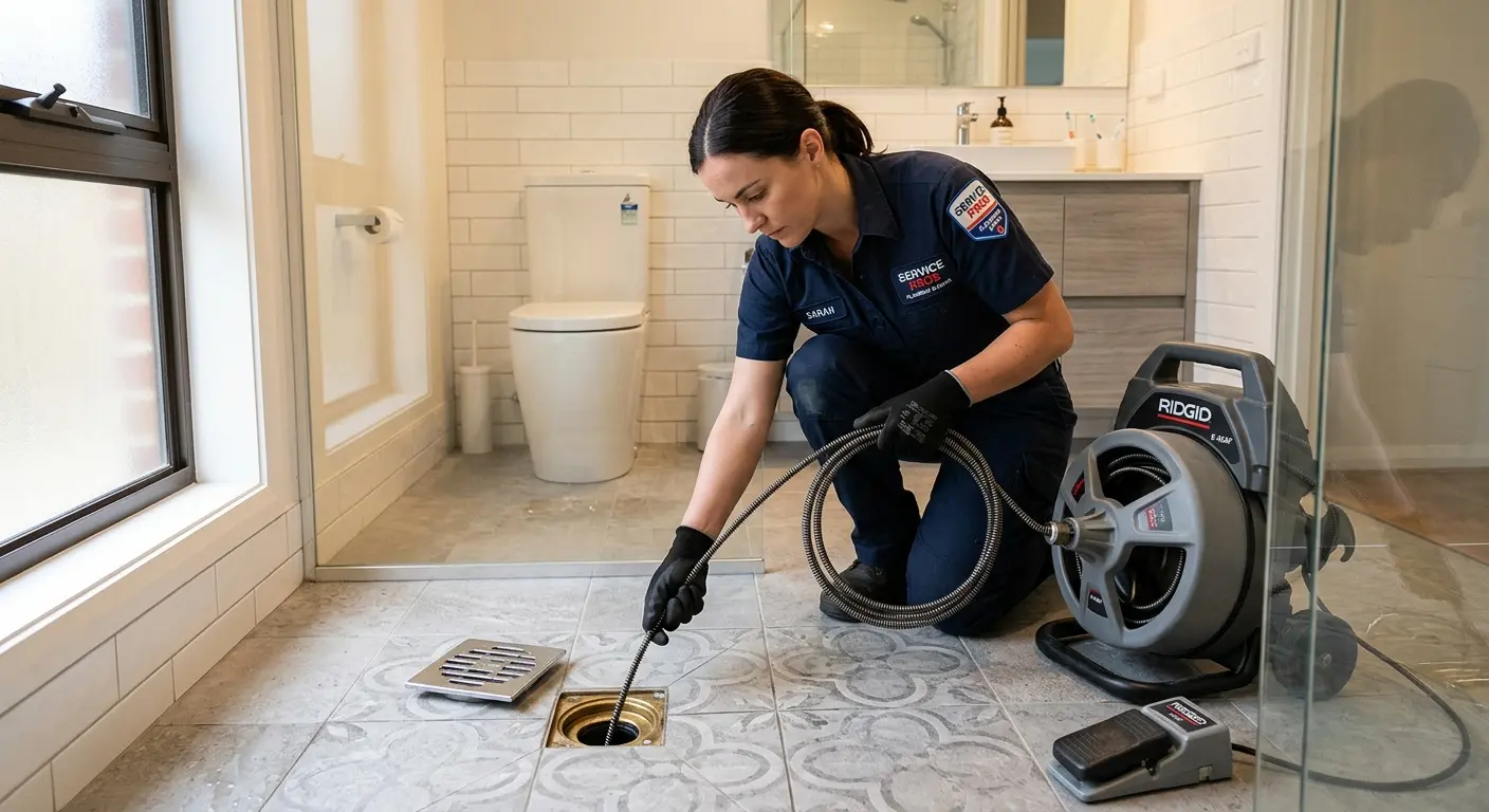 Technician clearing a bathroom floor drain for Drain Repair in Ashton-Sandy Spring